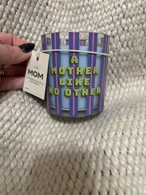 "A Mother Like No Other" Striped Blue Glass Candle. Matcha Green Tea scent.
